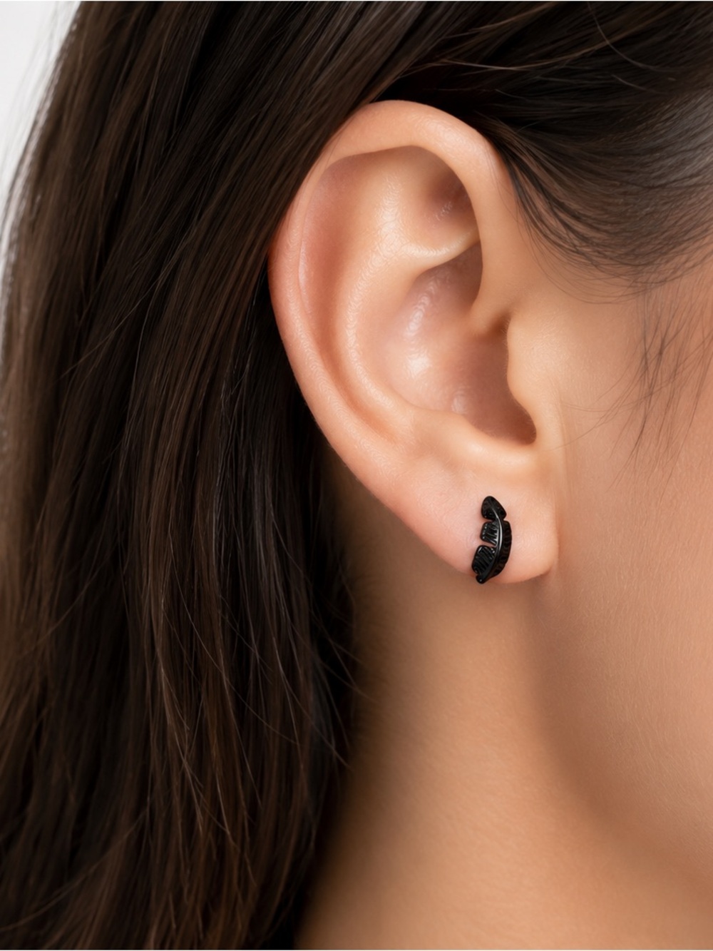 Black Feather Flat Back Stud Earrings 20G Stainless Steel - Picture 2 of 4